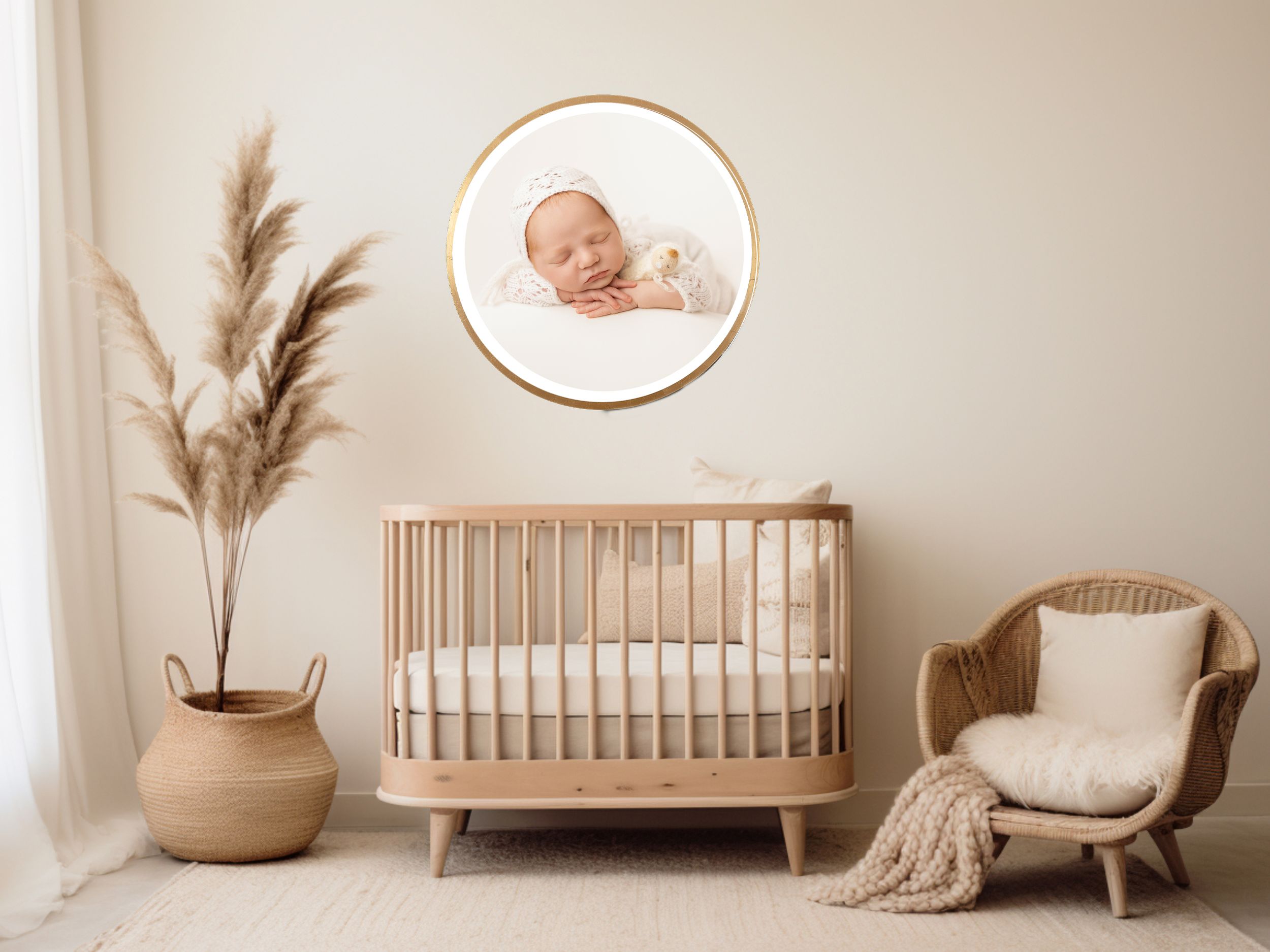 A neutral toned nursery with wooden crib, rattan chair and round framed artwork.