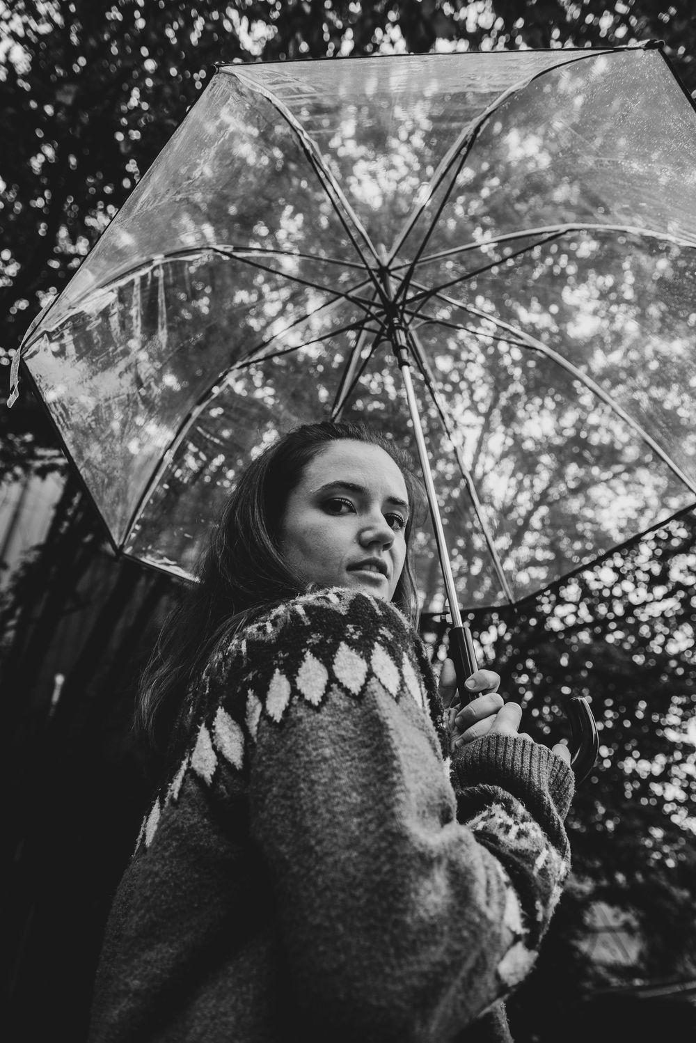 A moody black and white portrait series showing a figure with a clear umbrella against a bokeh forest background.