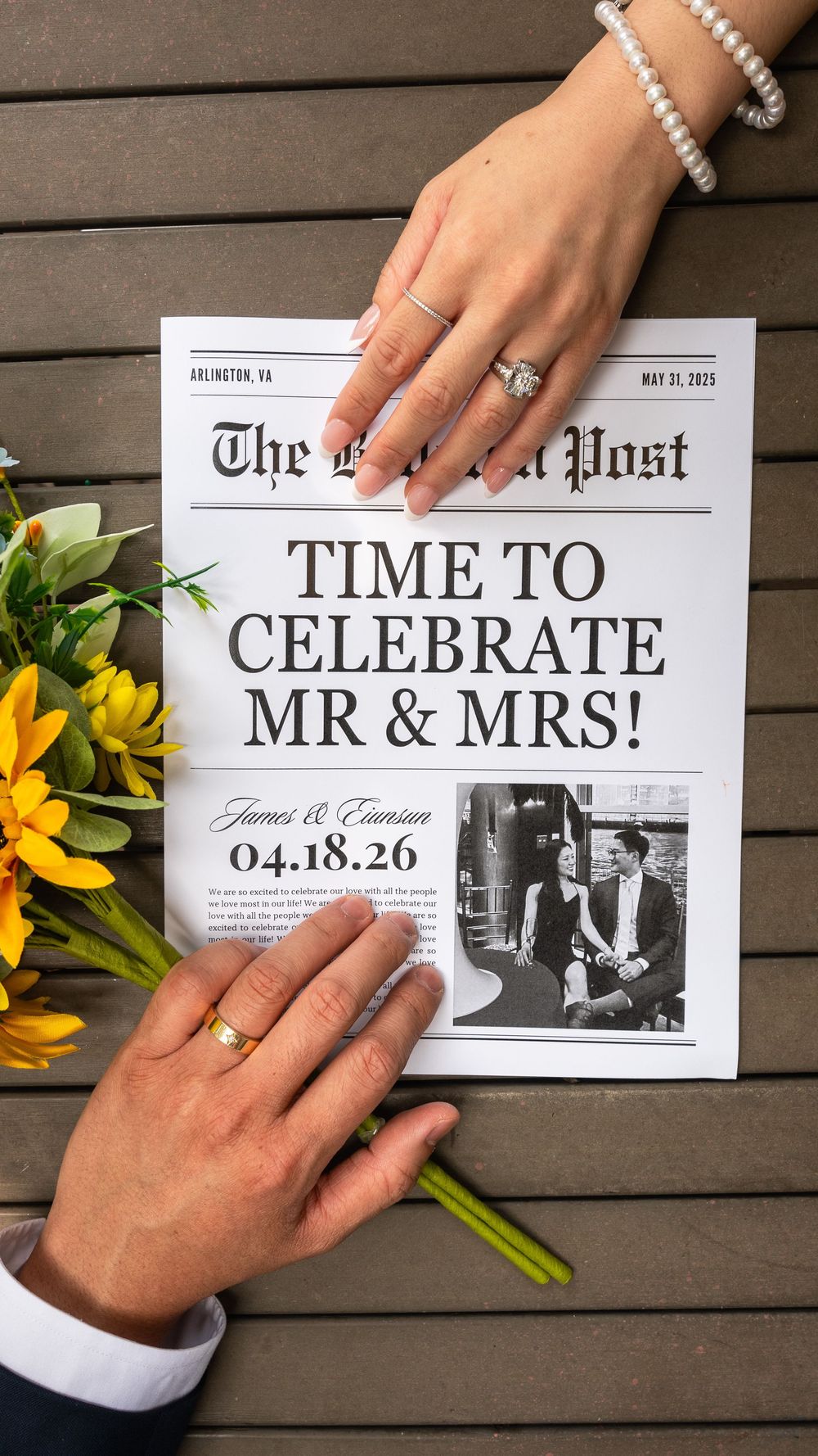 Wedding announcement cards and save-the-date designs with hands wearing engagement rings displayed next to yellow flowers.