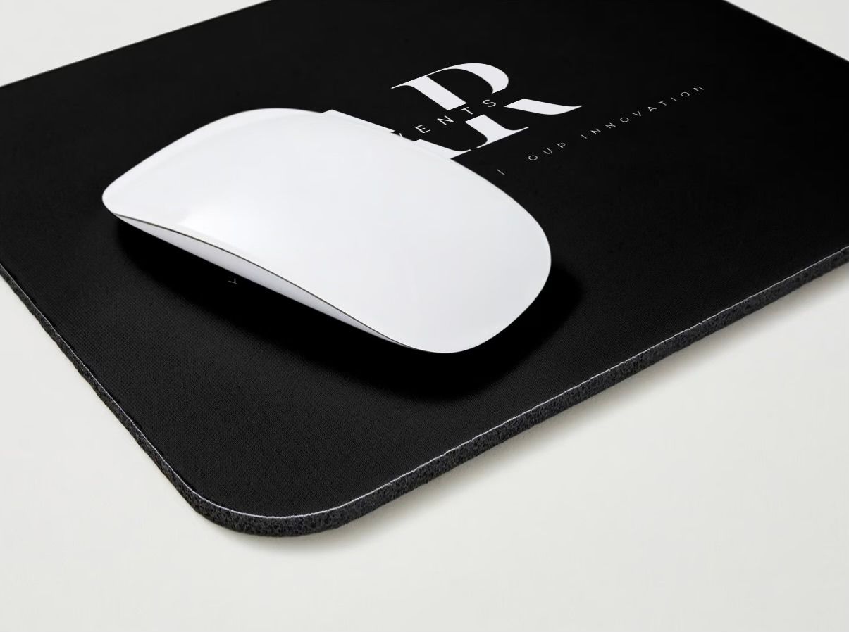 A white Apple Magic Mouse sits on a black mousepad with a minimalist logo design in the corner.