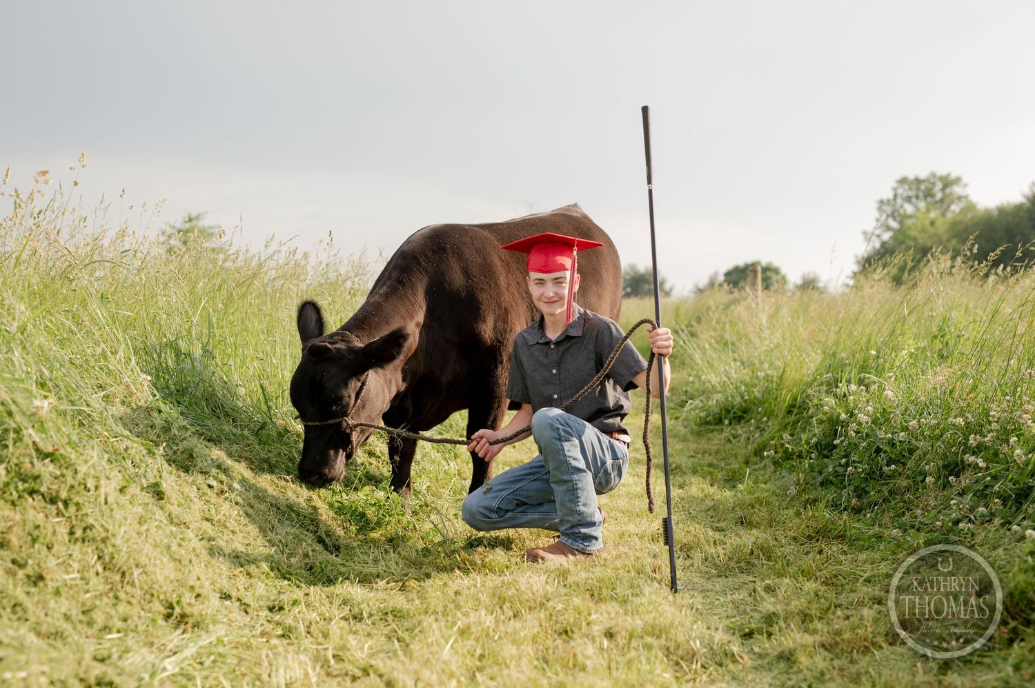 Graduate in red cap sits in grassy field with grazing black cow.