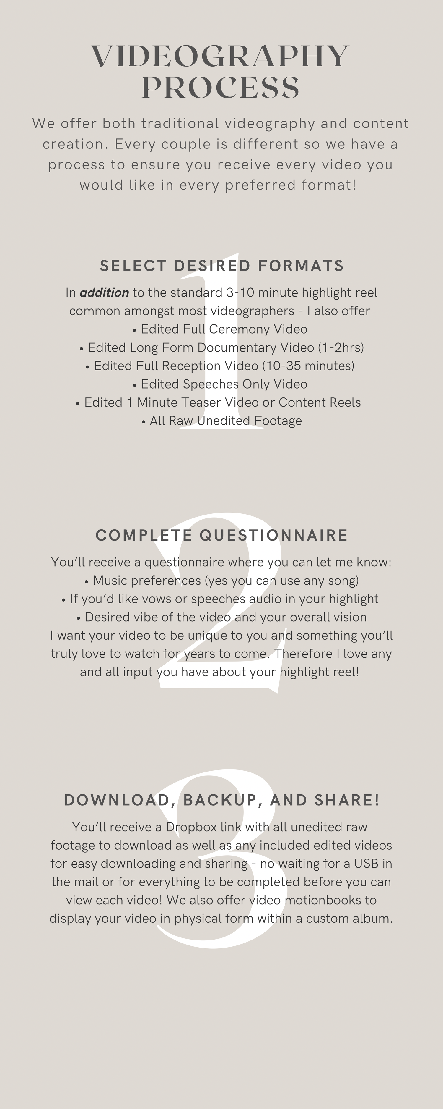 Elegant wedding videography process guide showing different video package options and workflow details.