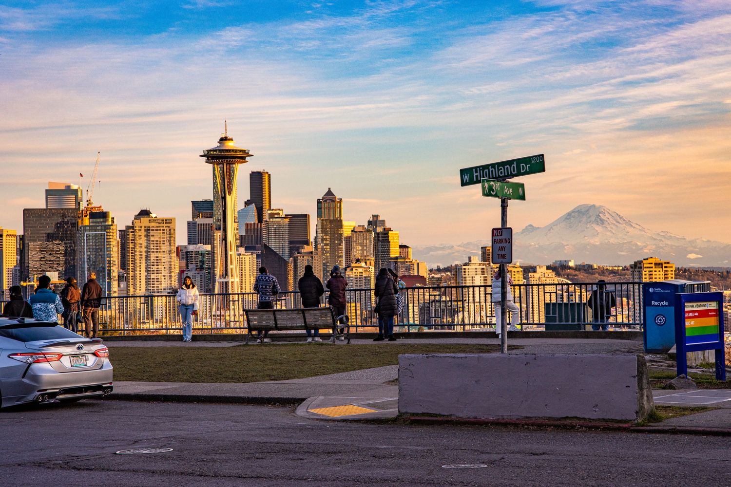 View of the street in front of Seattle skyline and Mount Rainier view in the distance.