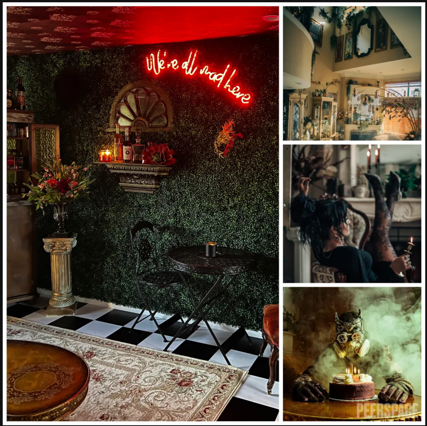 Moody cafe interior collage featuring neon signage, checkered floor, vintage decor, and atmospheric lighting.