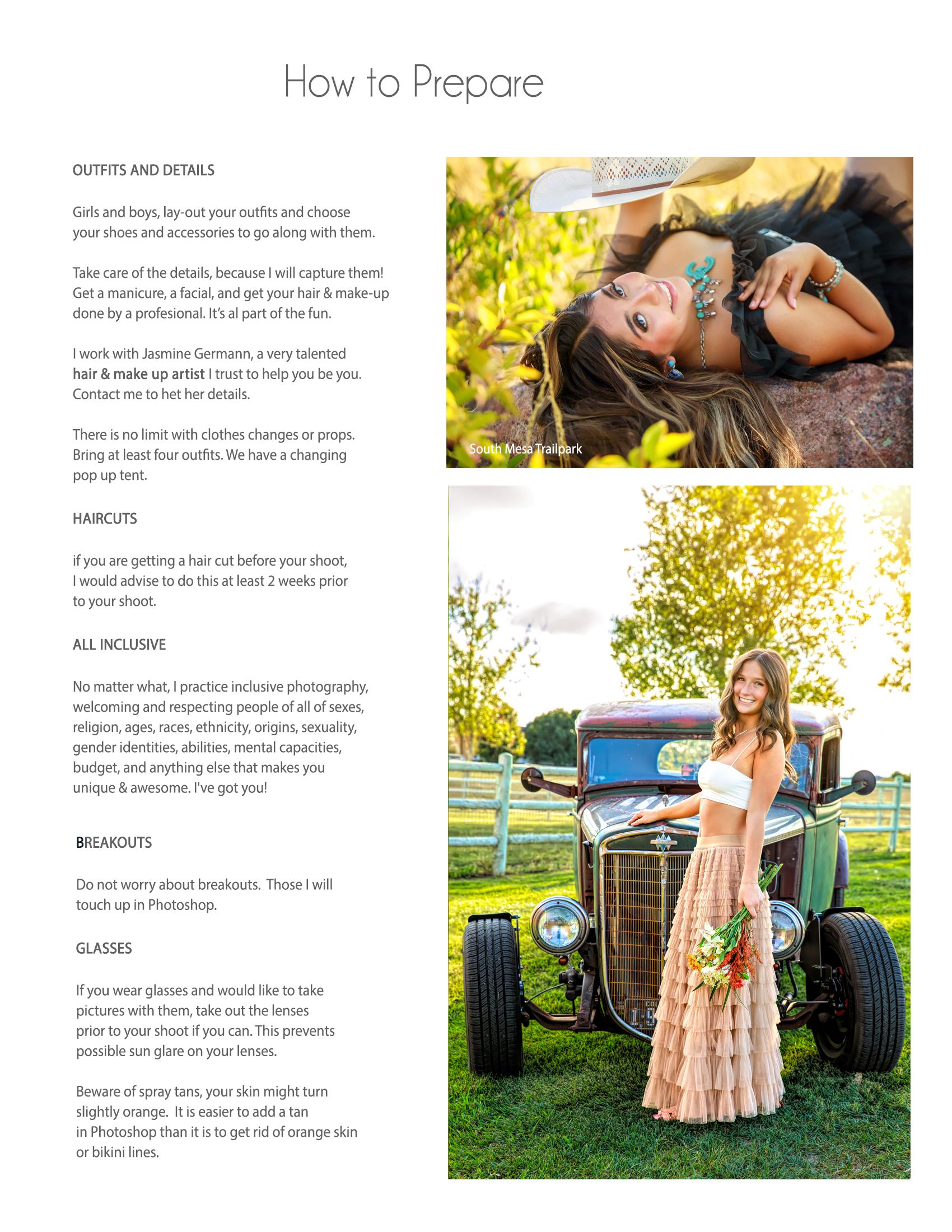 A photography guide page layout showing outdoor portrait session tips and sample images in natural settings.