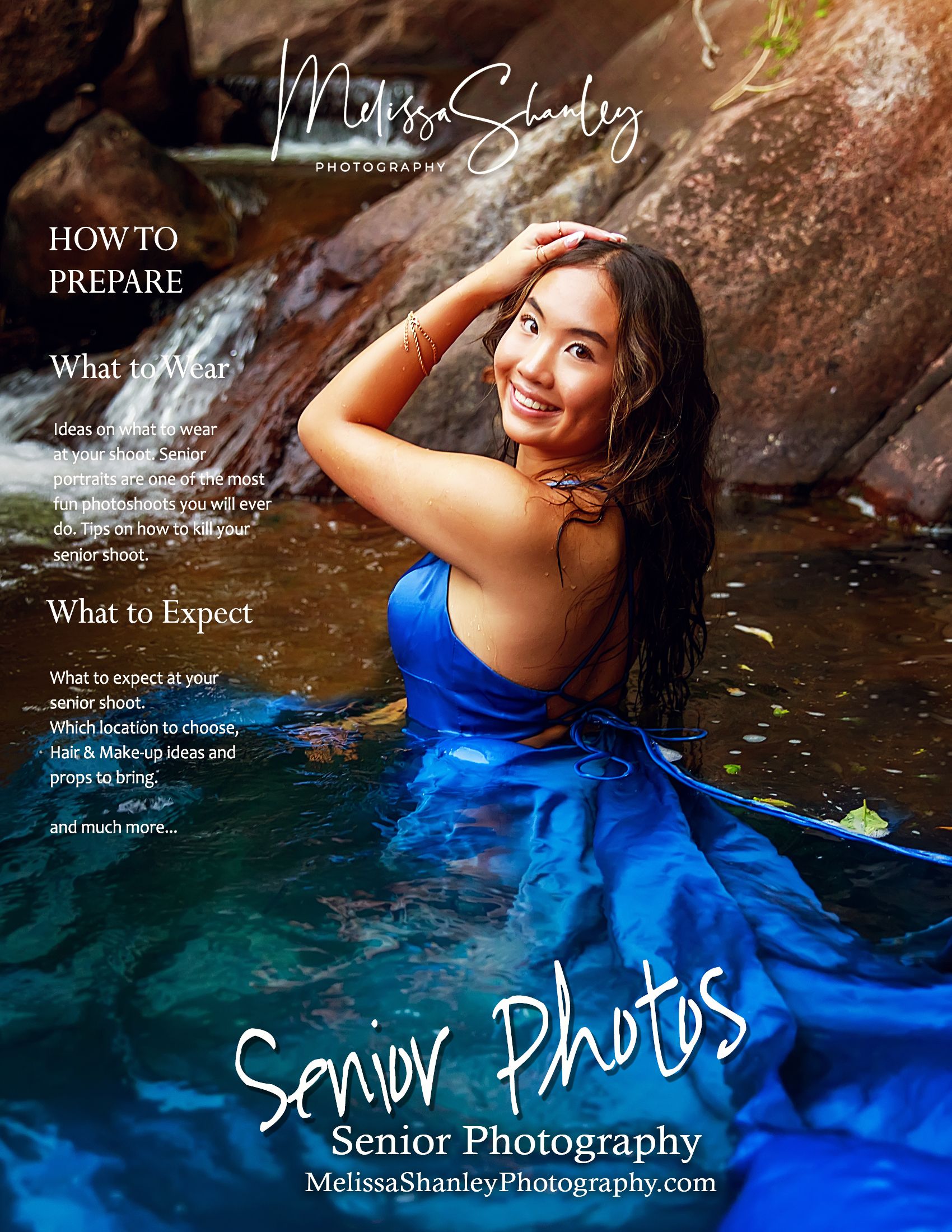 Photography website banner showing artistic water portraits with blue dress and rock formations.