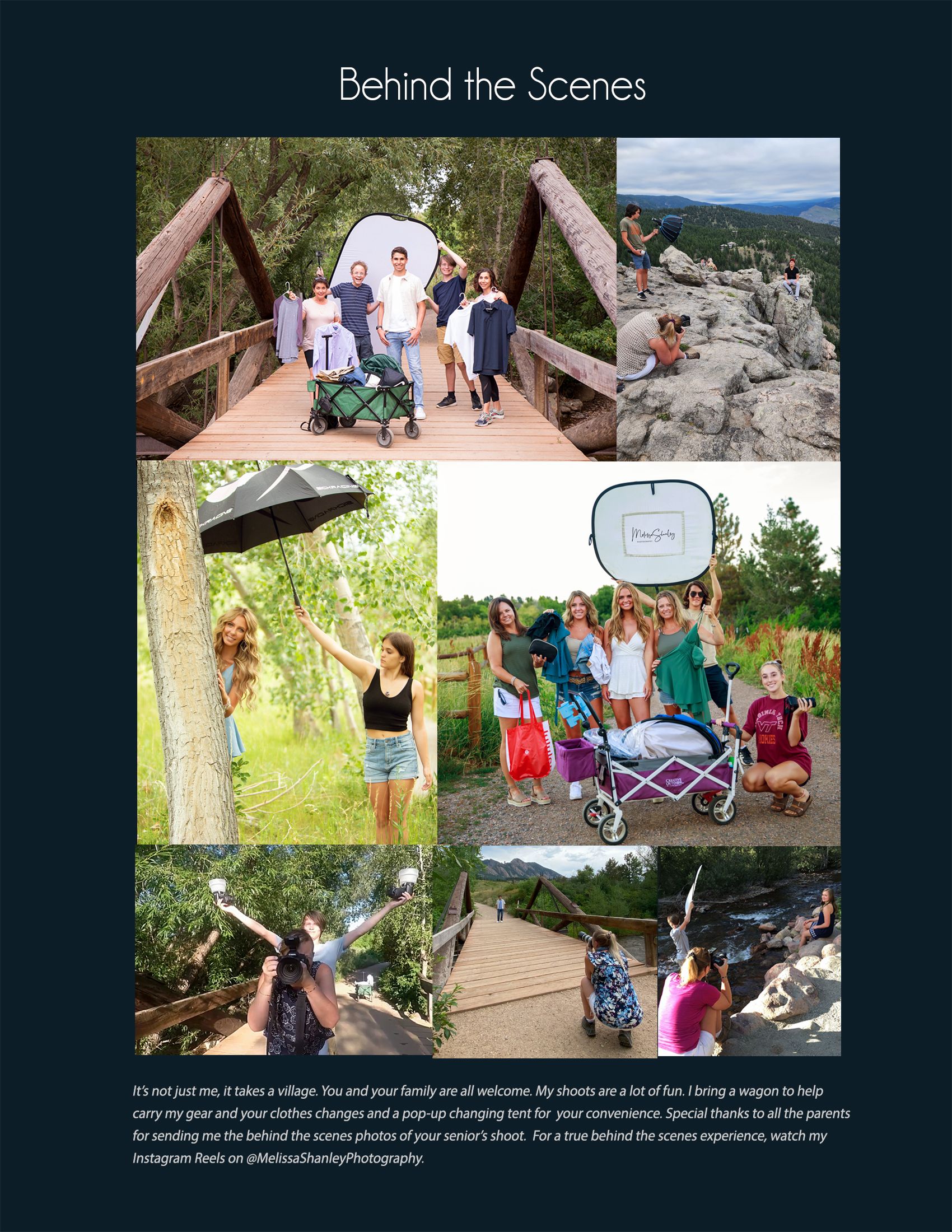A collage of outdoor photography session images arranged on a dark background with text overlays.