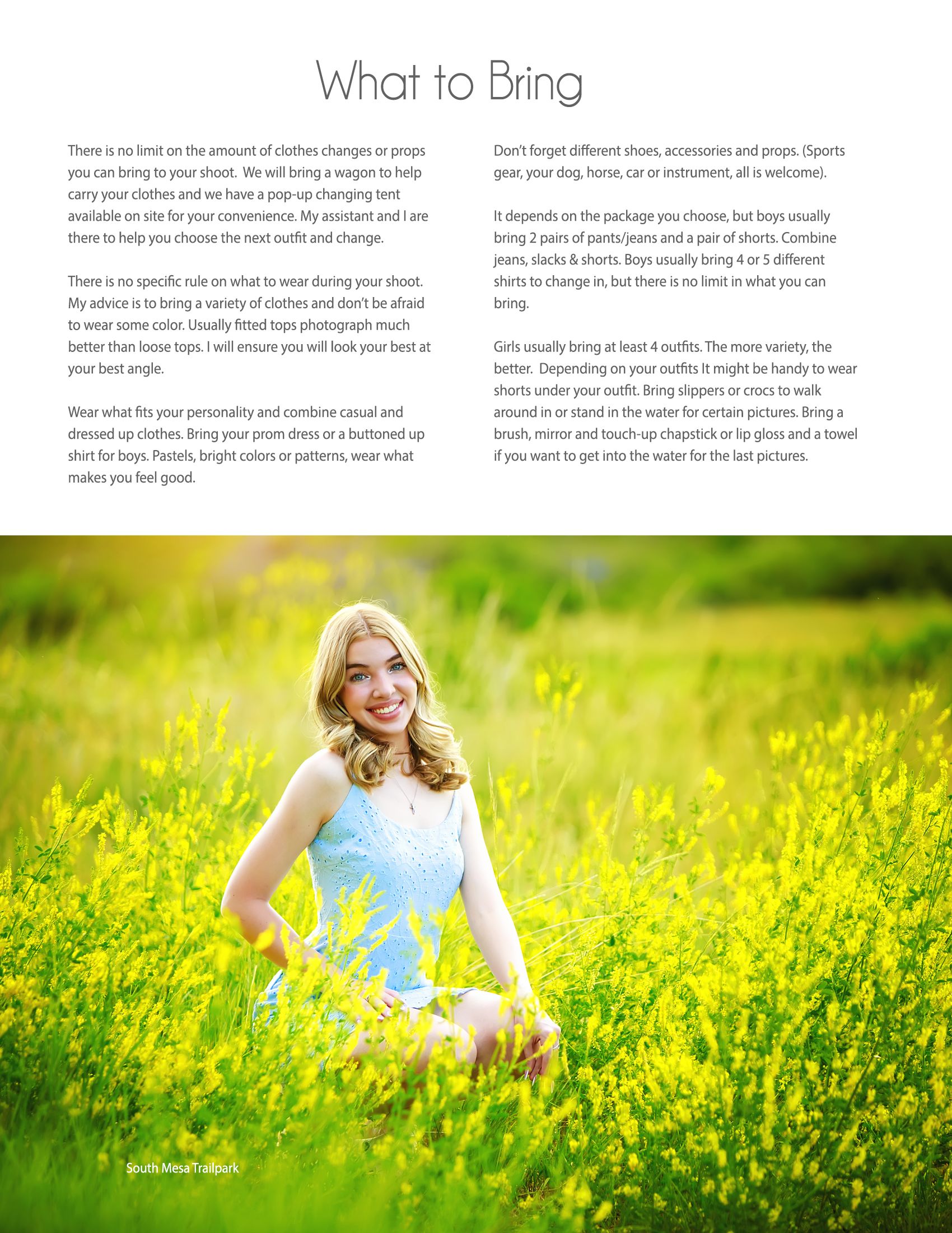 Series of portrait photography tips displayed on yellow flower field background.