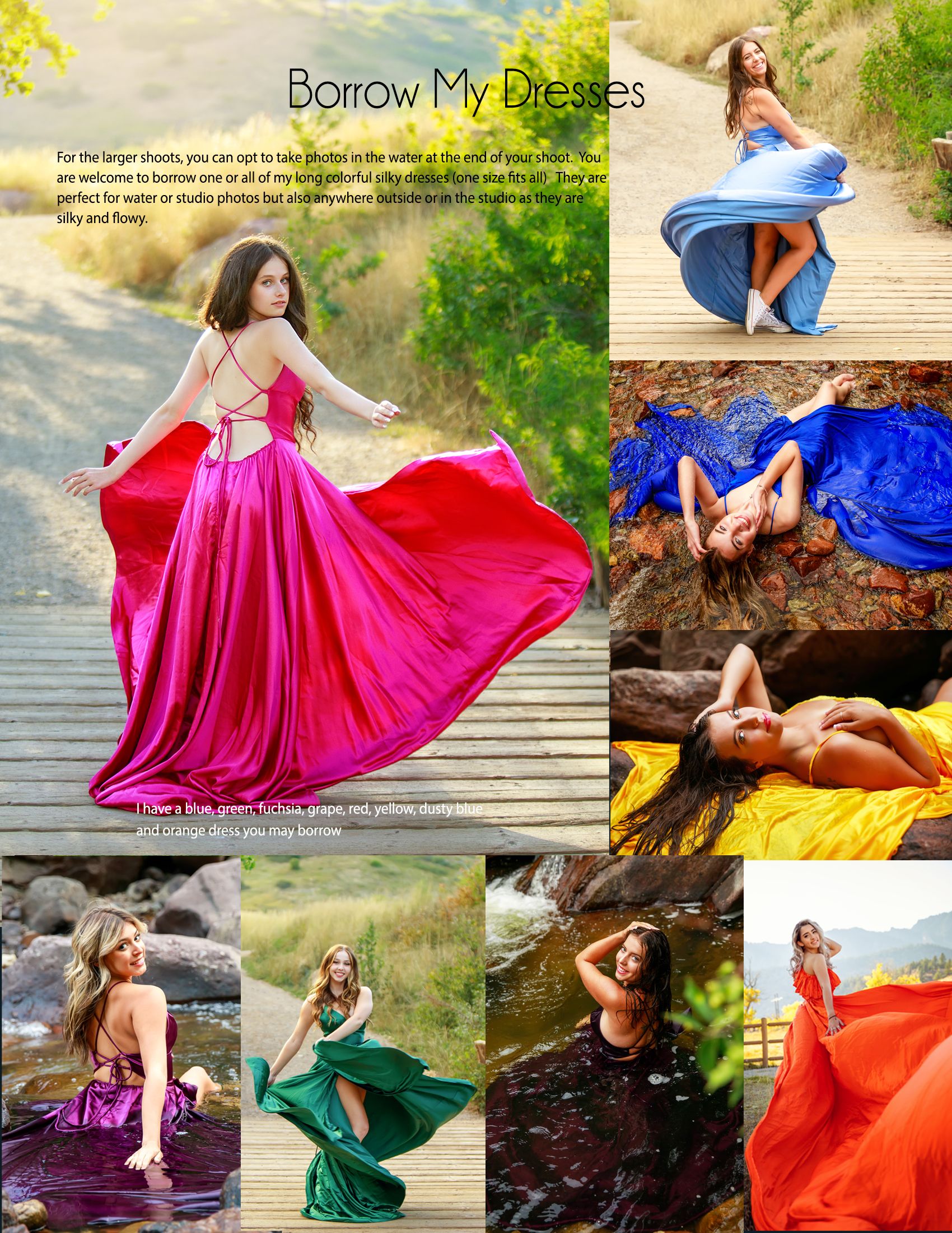 Collection of vibrant flowing dresses in various colors photographed outdoors in natural settings.