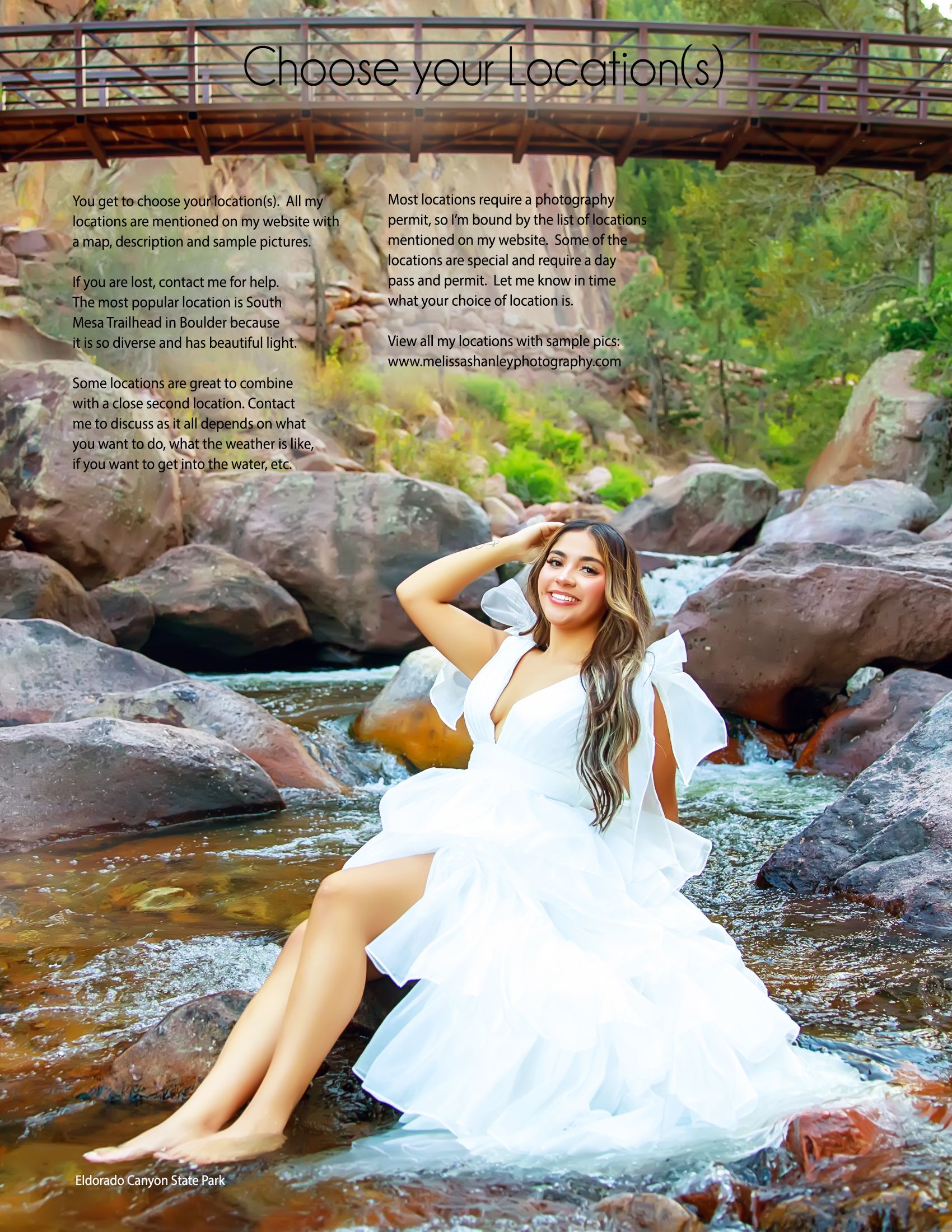 Ethereal portrait session at a rocky creek with flowing white dress and natural water elements.