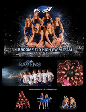Collage of swim team photos showing athletes in various poses against dark and light backgrounds.