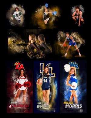 Sports team roster collage featuring dynamic player poses with colorful smoke effects on dark background.