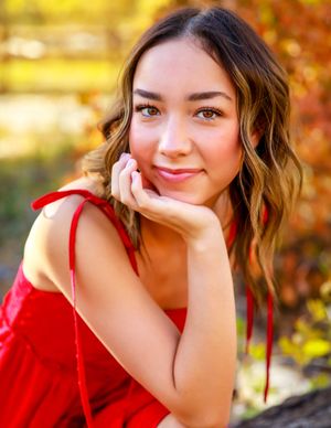 A series of outdoor portrait photos with autumn foliage and warm lighting in the background.