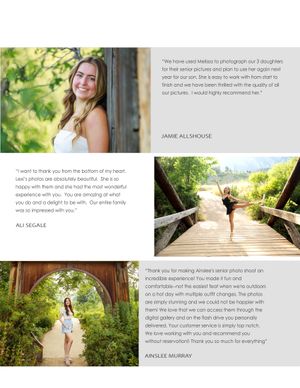 A collection of photography website pages showing portfolio images and text layouts arranged in a grid format.