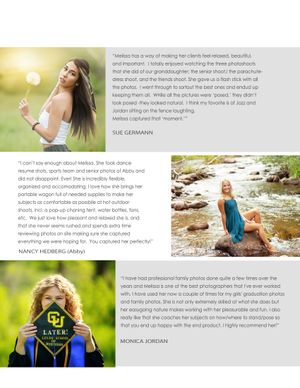 A grid layout of outdoor portrait photography testimonials with natural scenery and client feedback.