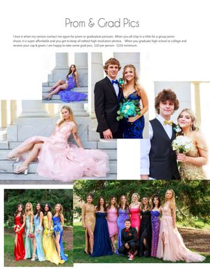 Collection of formal prom and graduation photos showing groups in colorful dresses and formal attire at outdoor locations.