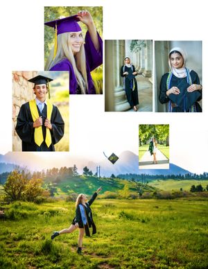 A series of graduation photos showing graduates in purple and black caps and gowns posing outdoors in a sunny field.