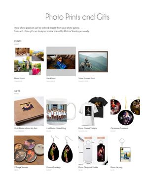 Display of photo prints and personalized gift items including earrings, phone cases, and custom albums.