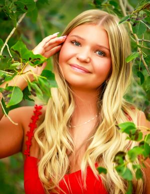A series of outdoor portrait photos featuring someone in a red top against lush green foliage background.