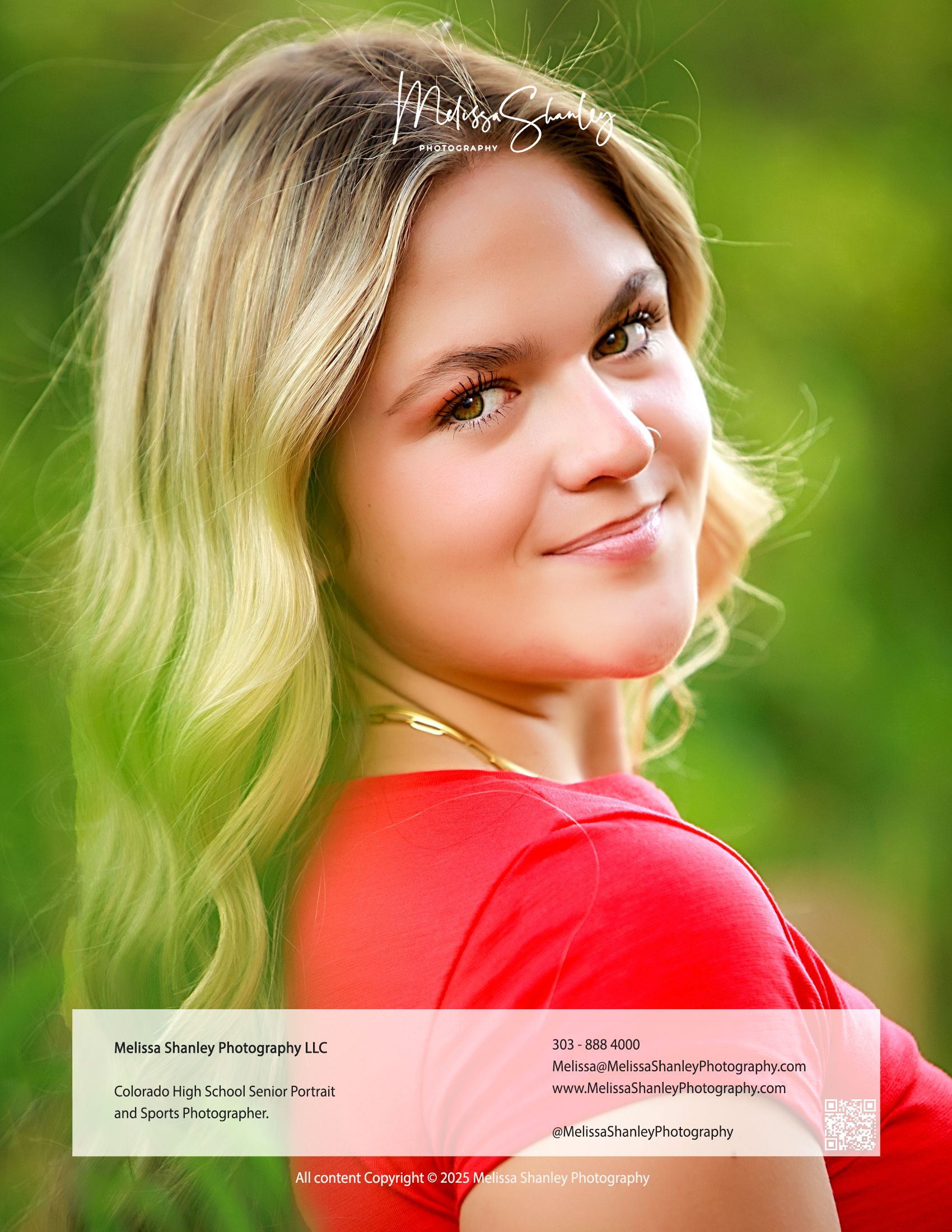 Professional photography watermarked portraits showing poses against a natural green background.