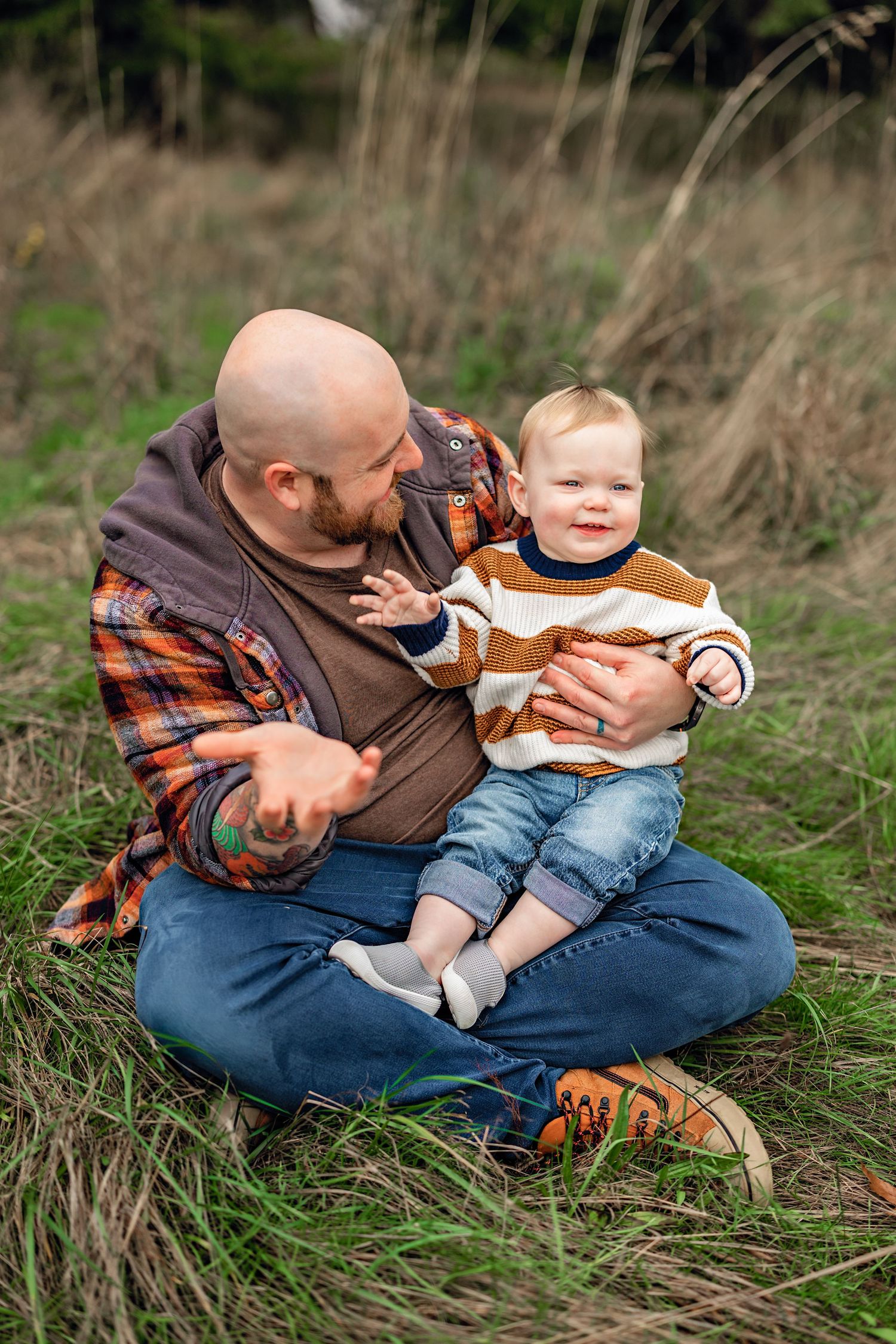 A heartwarming outdoor family moment captured in a series of playful interactions on grassy ground.