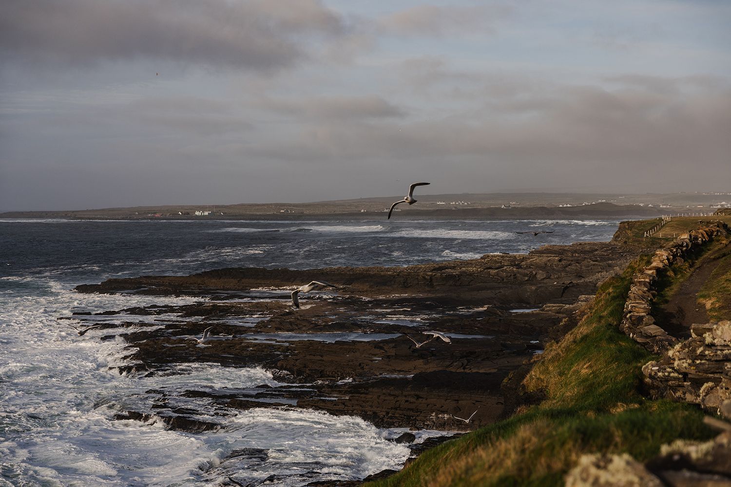 Cinematic sunset portraits featuring dramatic limestone cliffs and Atlantic Ocean views in County Clare