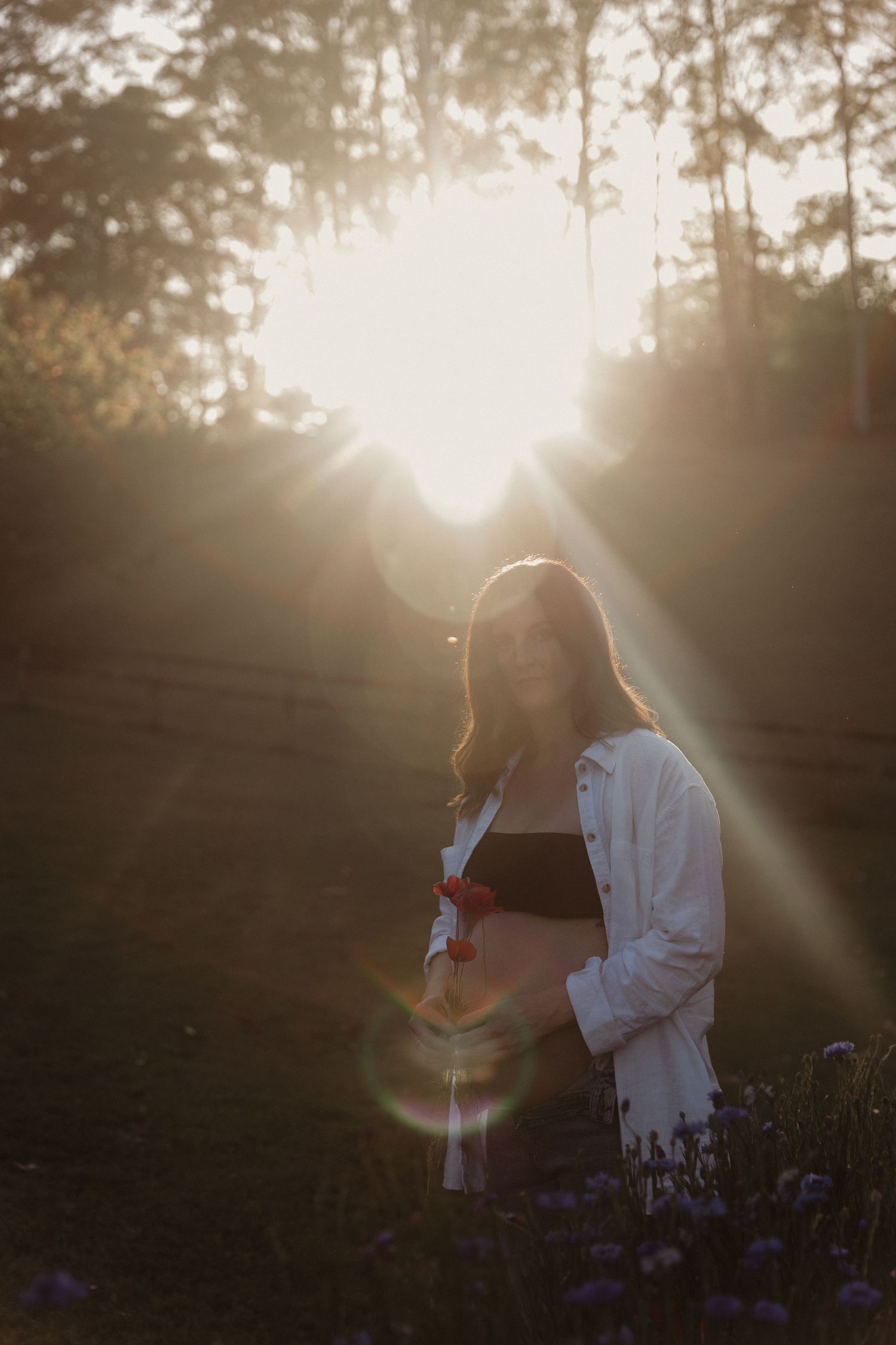 Silhouette of person standing in garden against bright sunburst through trees.