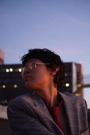 Silhouette of person in glasses against twilight sky with city lights.