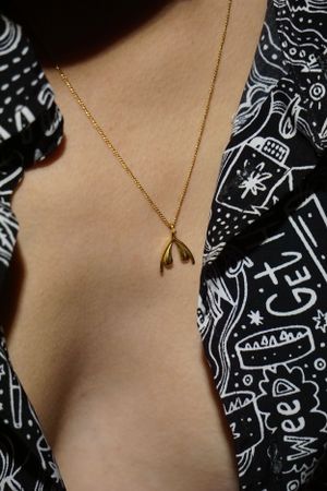 Close-up of a delicate gold necklace against black and white patterned fabric.