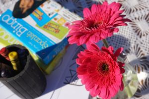 Two vibrant pink gerbera daisies next to books and a dark container.