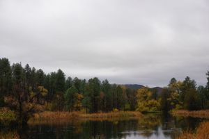 Panoramic autumn landscape showing a misty lake surrounded by colorful fall foliage.