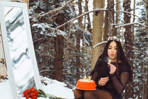 Winter forest scene with snow-covered trees and orange accents.