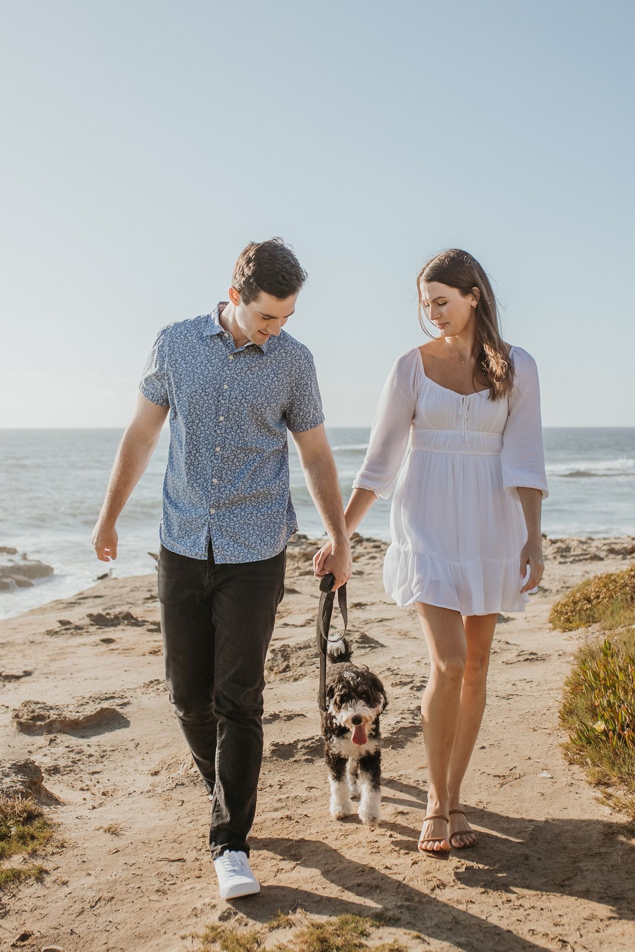 A couple walks along a sunny beach with their small dog while enjoying a romantic afternoon by the ocean at Windansea Beach.