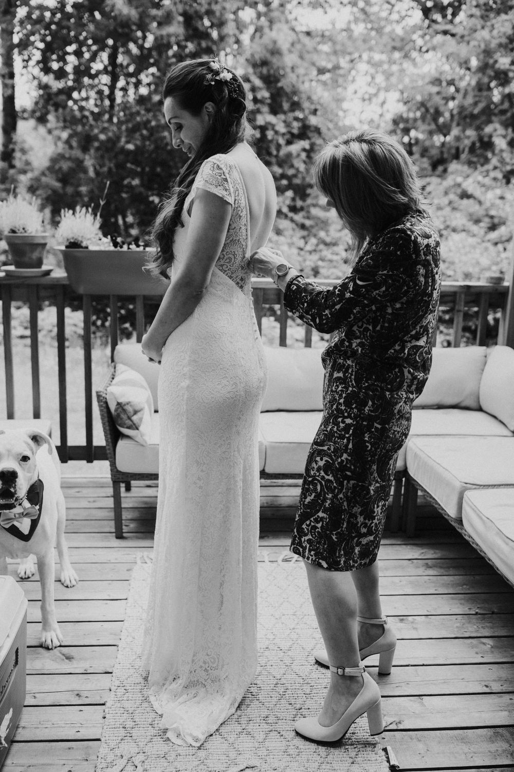 A series of black and white photos showing people in formal attire on a wooden deck or patio.
