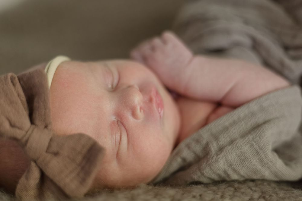 Sleeping infant wrapped in soft brown and gray blankets rests peacefully in natural light.