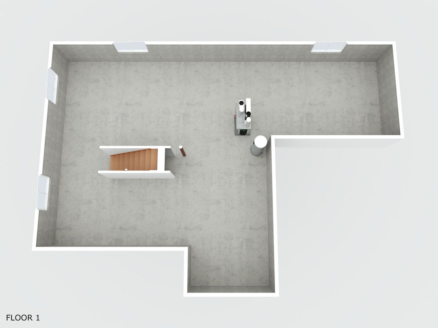 Architectural floor plan showing multiple rooms and spaces with gray concrete flooring and white walls.