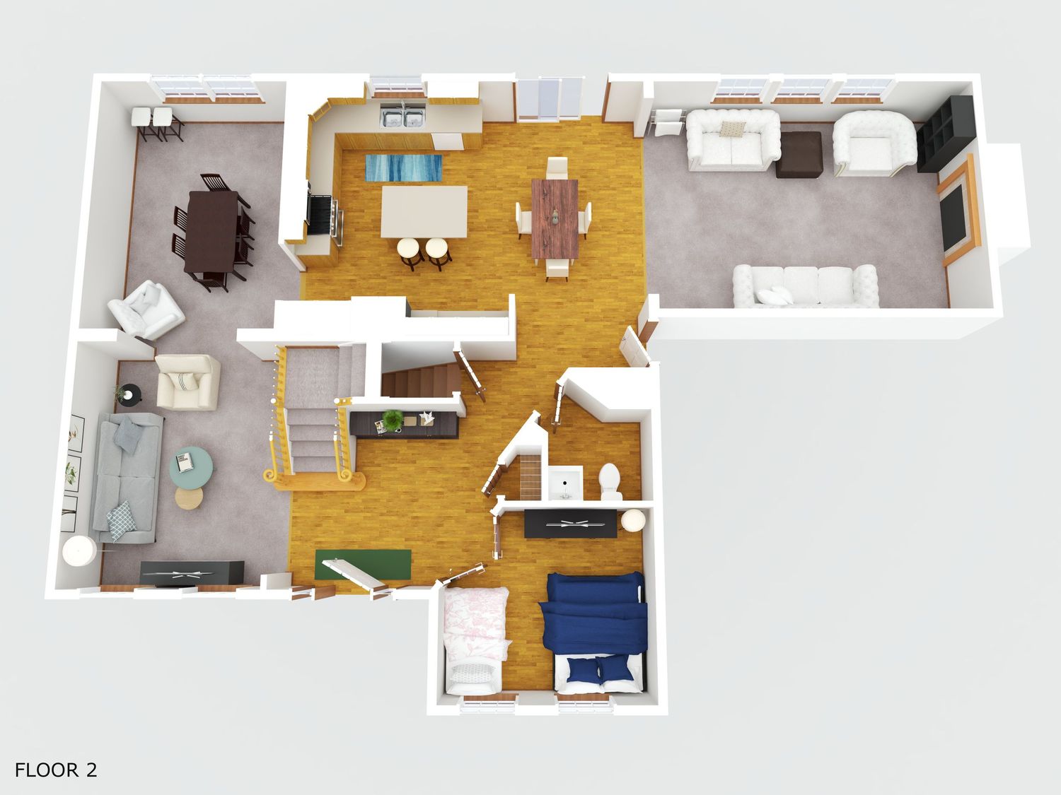 3D floor plan rendering showing multiple apartment layouts with furniture, wood flooring, and modern interior design elements.