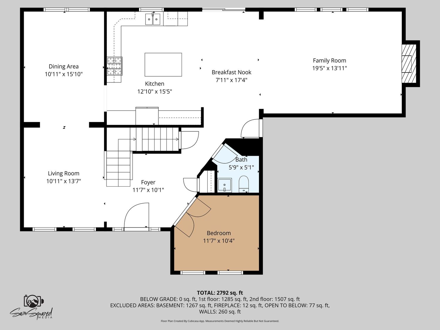 Architectural floor plan showing layout of rooms, dimensions, and measurements with a beige highlighted section.