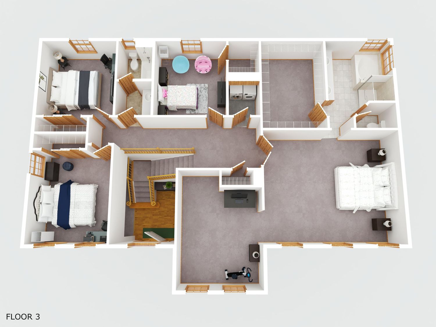 3D architectural floor plan rendering showing multiple apartment layouts with furniture and room configurations viewed from above.
