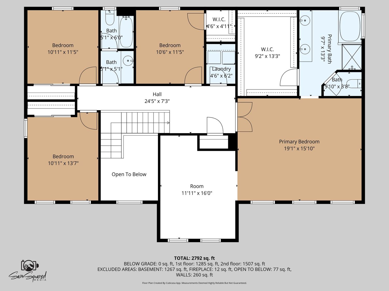 Floor plan layout showing four bedrooms, two bathrooms, and an open concept living space on the upper level of a home.