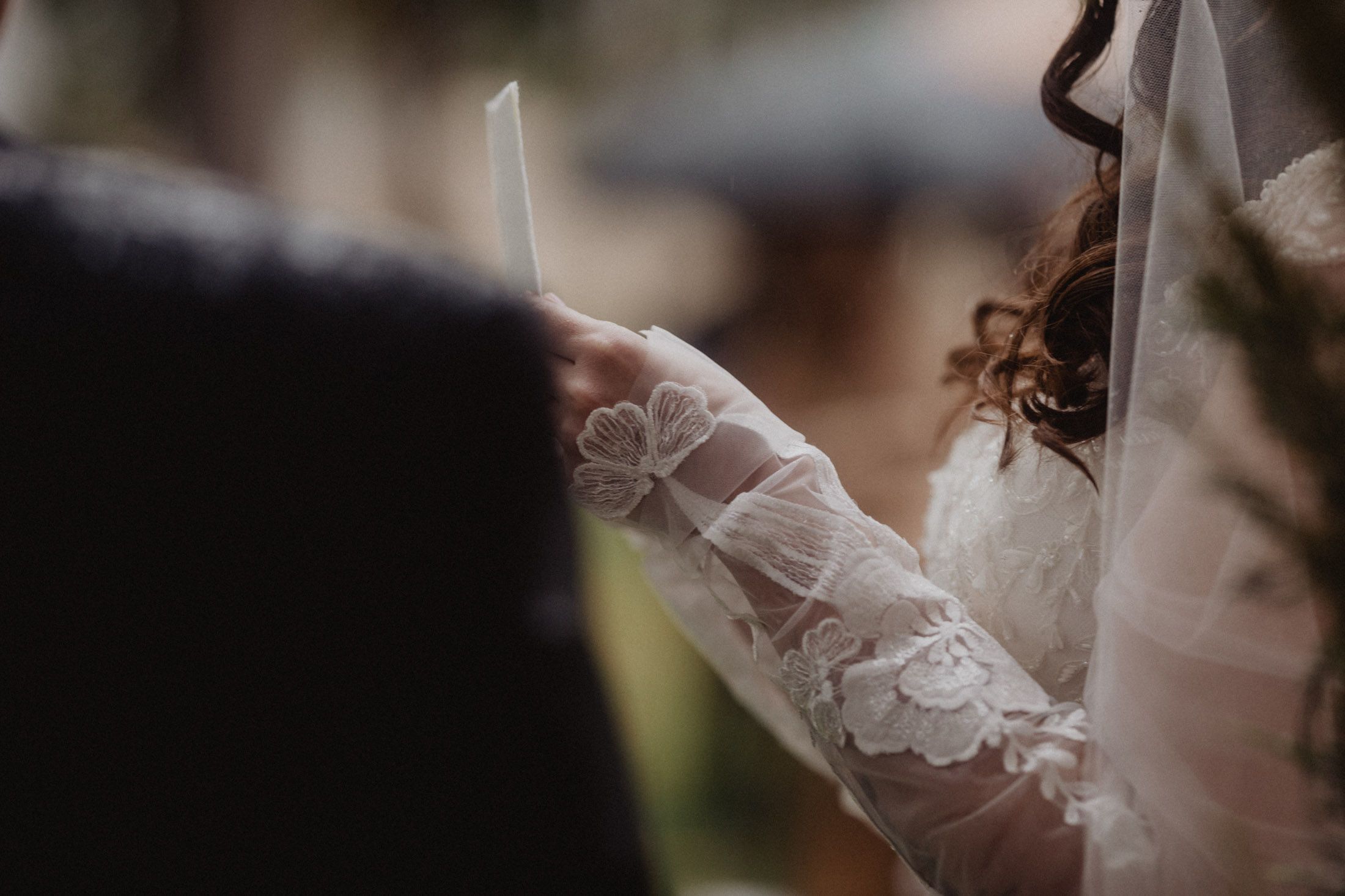 Close-up detail of delicate lace sleeves on a white wedding dress.