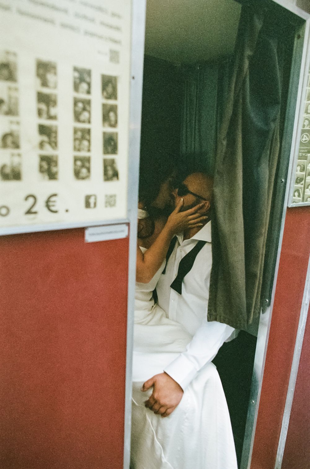 A series of photos showing someone in white clothing against a red wall with photographs.