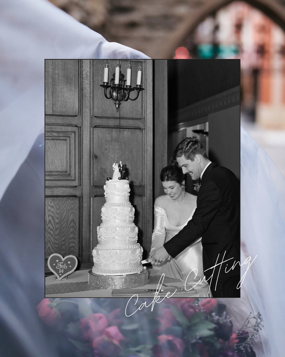 Bride and Groom cutting the cake at a downtown Cincinnati Ohio Wedding Venue. Cincinnati Wedding Photographer