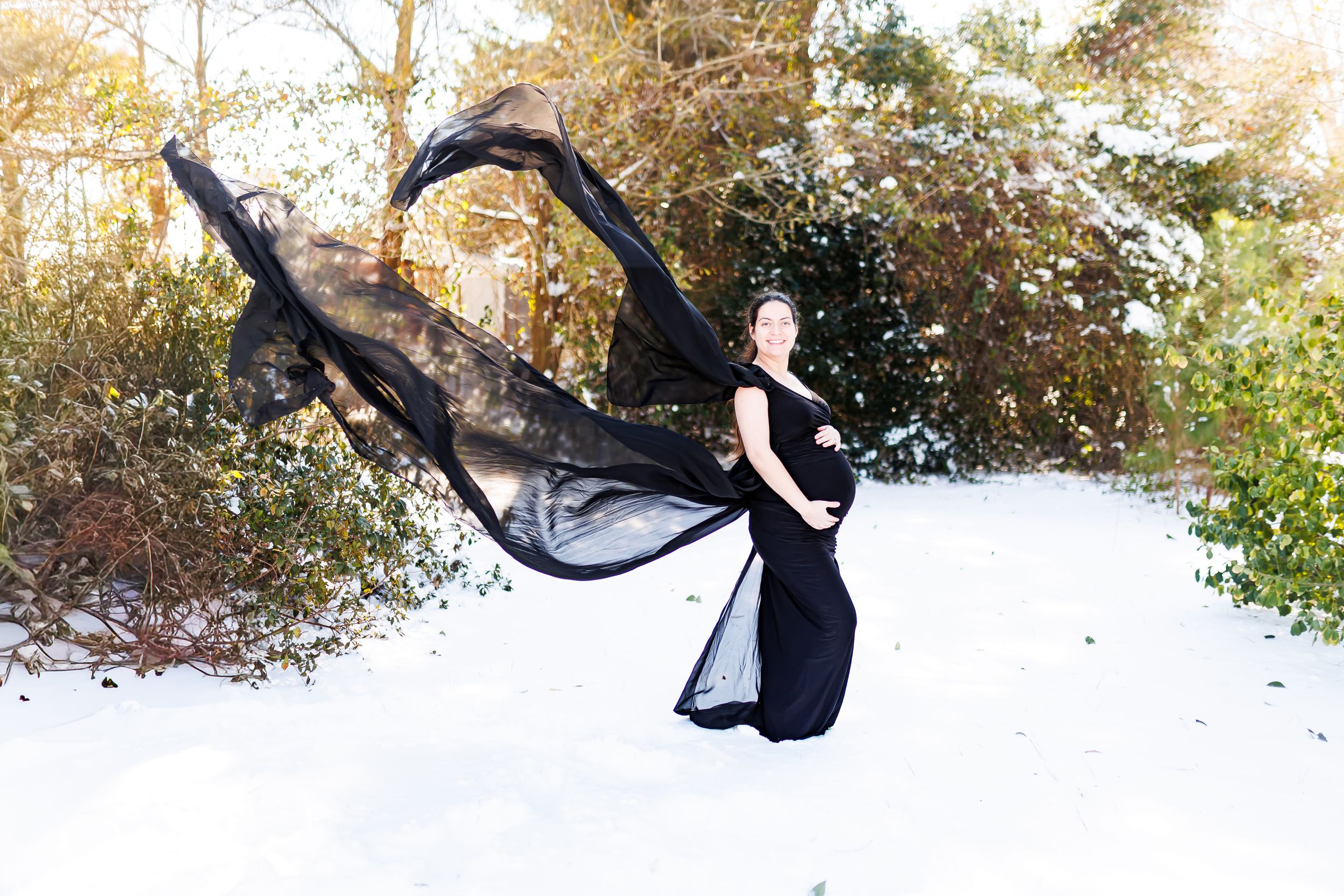 A flowing black dress and sheer fabric billows dramatically against a snowy winter landscape with trees in the background.