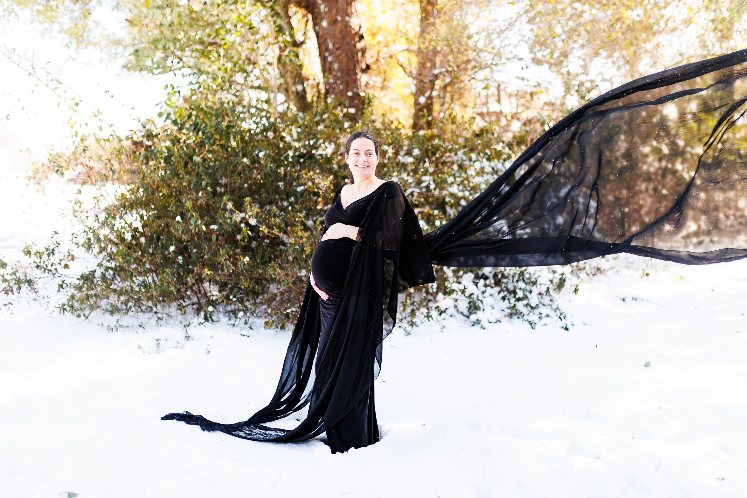 A person in a flowing black dress stands in a snowy winter landscape at sunset with trees in the background.
