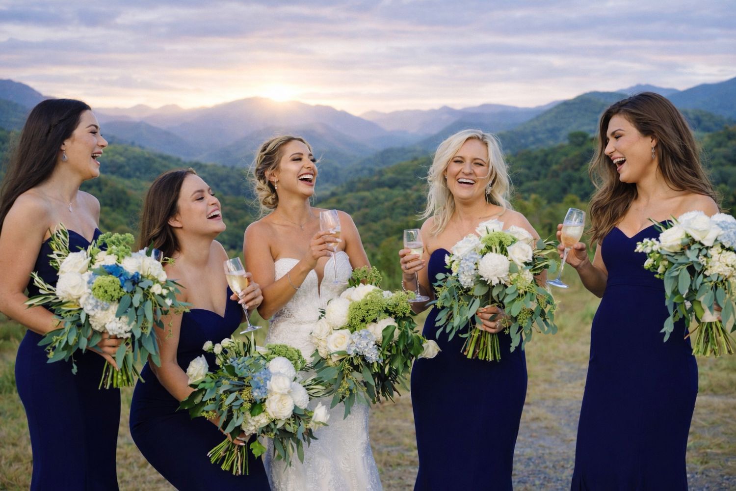 Bride with four bridesmaids in navy blue gowns laughing and holding white bouquets with mountain sunset backdrop.