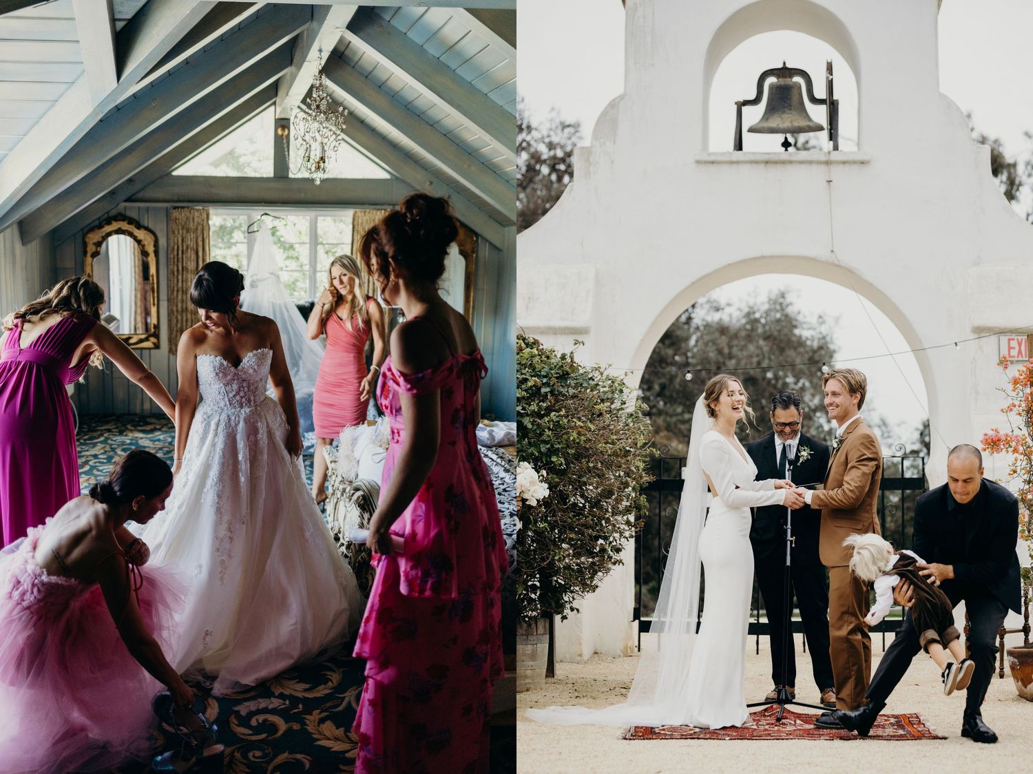Wedding party members gather in a church hallway wearing formal attire and magenta dresses.
