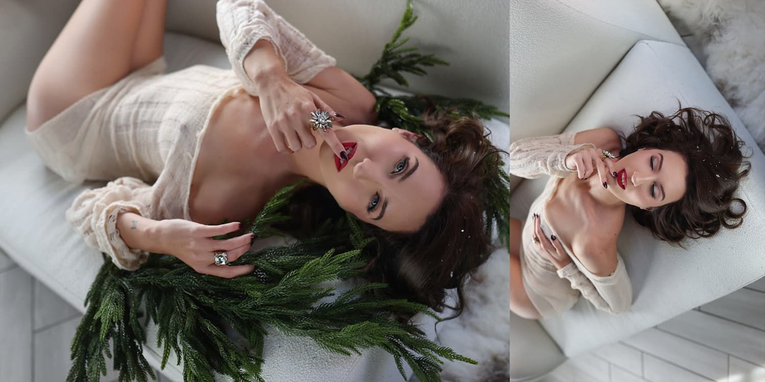 Ethereal portrait series with soft lighting showing relaxed poses on white furniture with greenery accents.