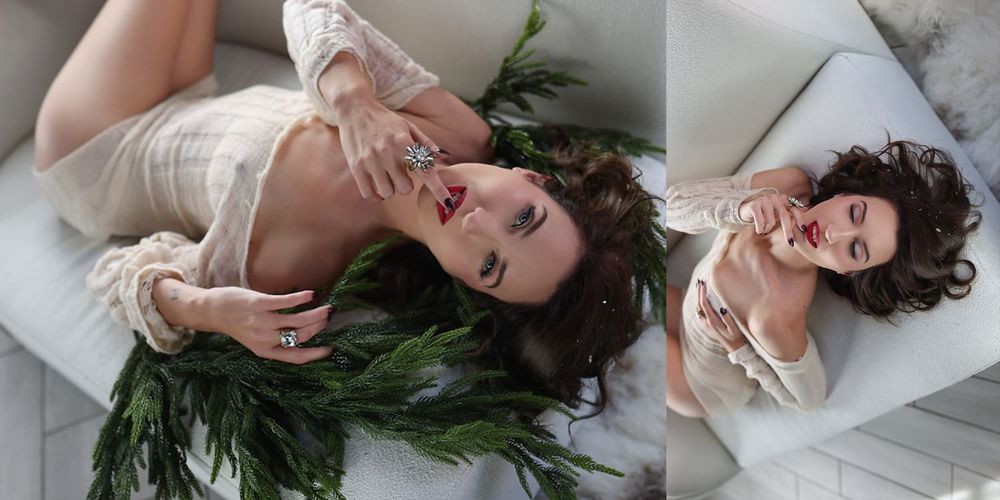 Ethereal portrait series with soft lighting showing relaxed poses on white furniture with greenery accents.