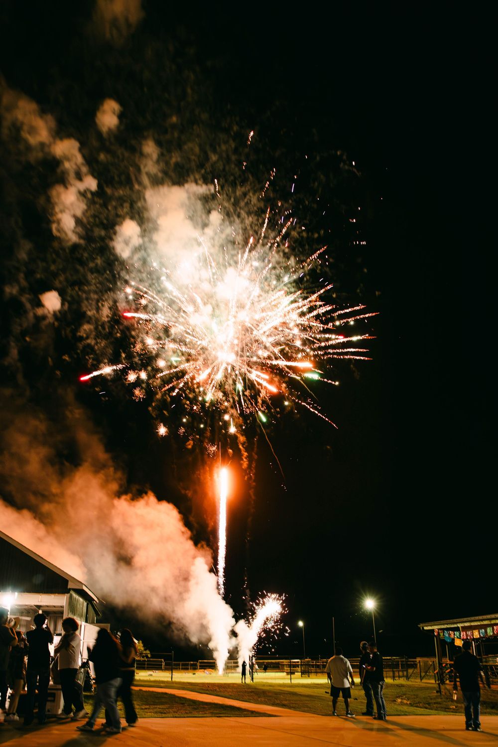 Fireworks display lighting up the night sky over a crowd of spectators.